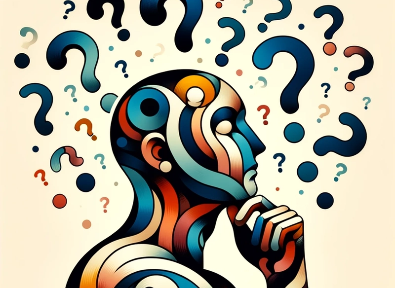 一个抽象的人形生物正在思考一些事情，头上有问号