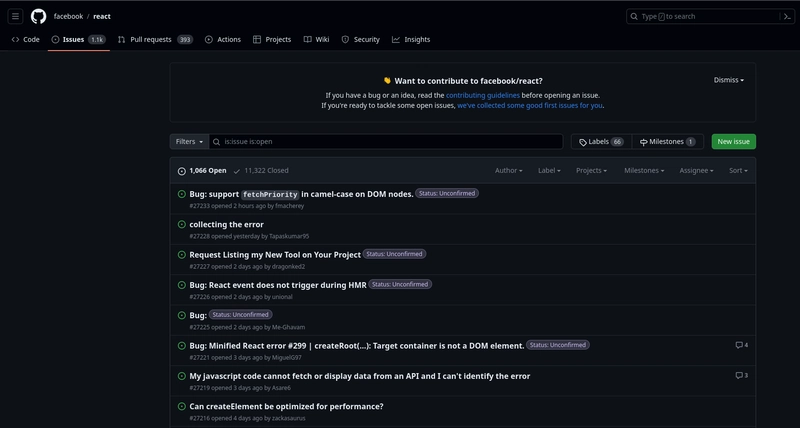 以 GitHub 为例的 facebook/react 存储库问题部分