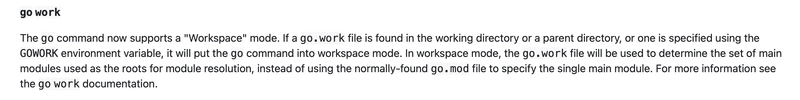 发行说明中的​​工作区文档，https://tip.golang.org/doc/go1.18