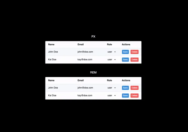 放大和缩小以查看 PX 和 REM 单位之间的差异