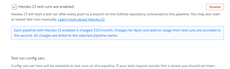 Heroku 仪表板上的 Heroku CI