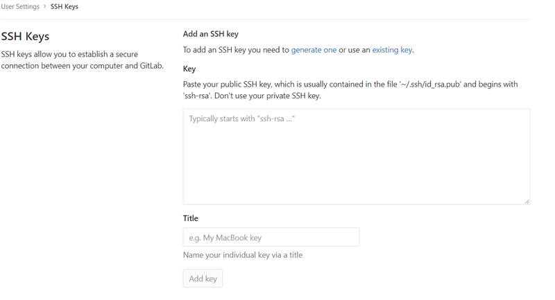 GitLabSSH GitLab SSH Keys 页面的外观