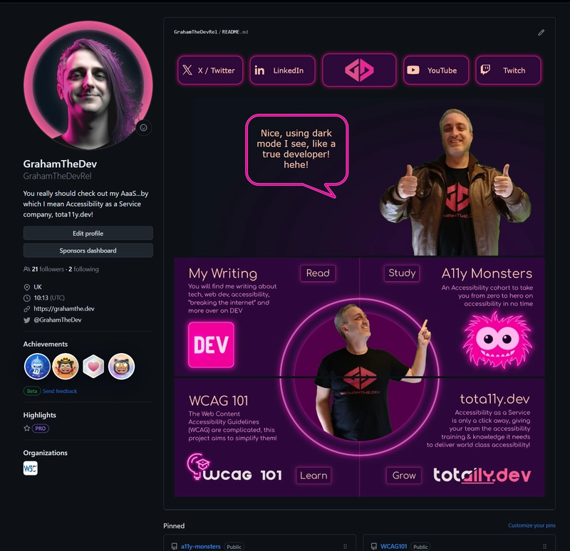 GrahamTheDevRel GitHub 个人资料在黑暗模式下的桌面上。顶部有 5 个按钮，像一个菜单，Graham 竖起了大拇指，旁边是一个对话气泡，上面写着
