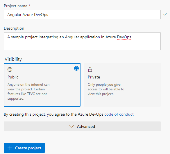 创建 Azure DevOps 项目