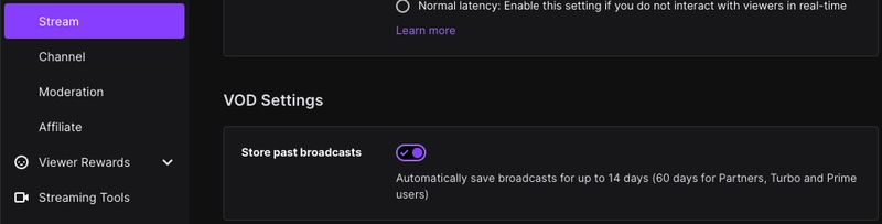 将过去的直播设置保存到 Twitch 直播 VOD 设置中