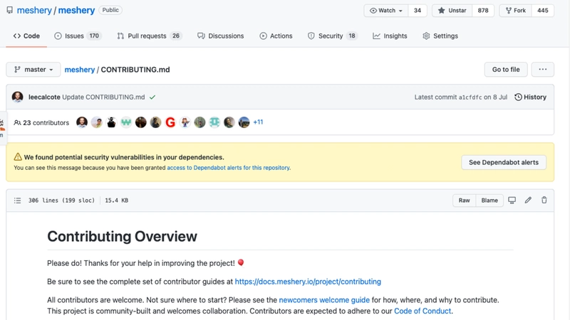 GitHub 上 Meshery 项目贡献指南的屏幕截图。