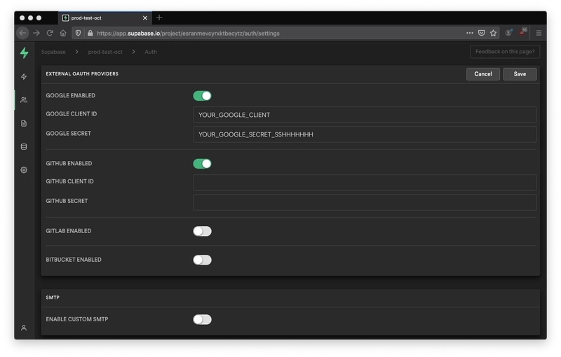这是带有 OAuth 登录的 supabase 仪表板的图片