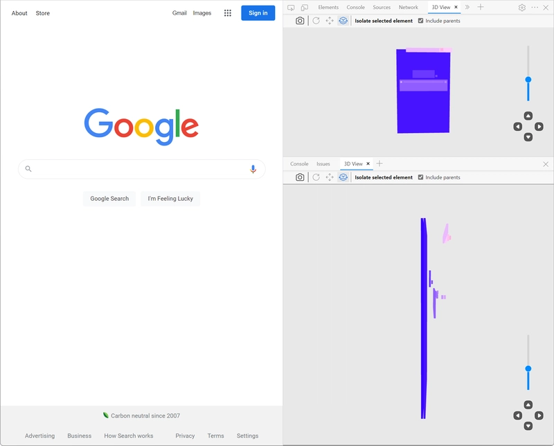 在 Microsoft Edge 的 3D 视图调试模式下查看 Google 的视图