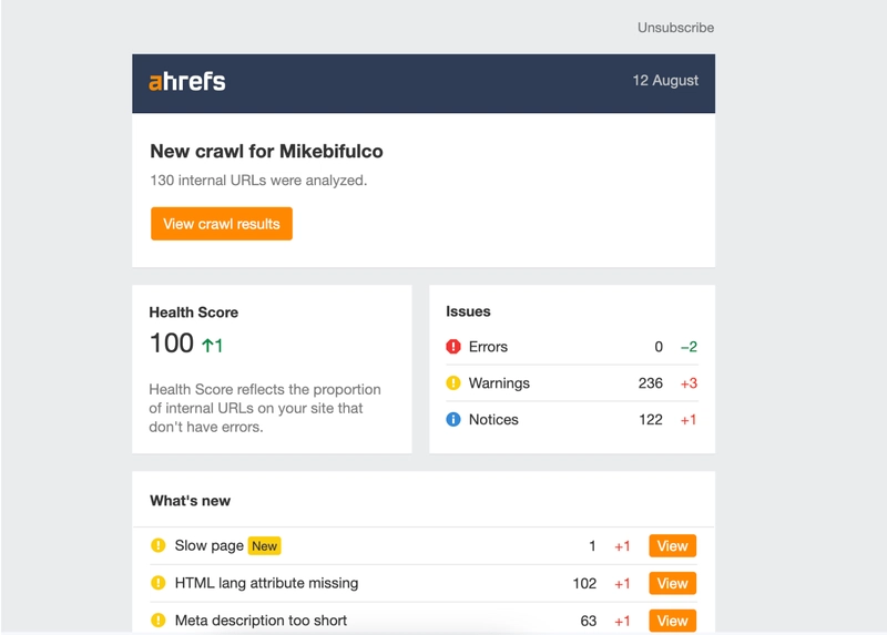 来自 ahrefs 的每周审核电子邮件的屏幕截图 - 显示 mikebifulco.com 的 SEO 分数为 100，但附带一些警告。