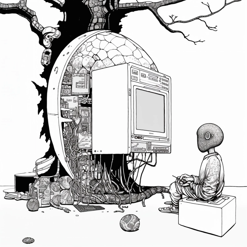 一幅AI黑白墨水画，画中一个古怪的机器人小孩站在一台蛋形电脑前。这幅画非常科幻，某种程度上也透着一丝忧郁。蛋形电脑其实也是一棵树。