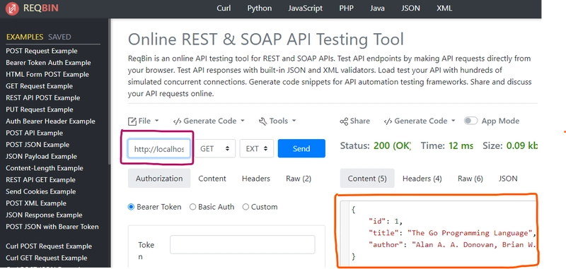 我用 ReqBin 测试 Go book API 时的截图