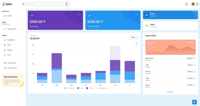 React Berry Dashboard - 使用 React 和 Material UI 制作的开源全栈种子项目。