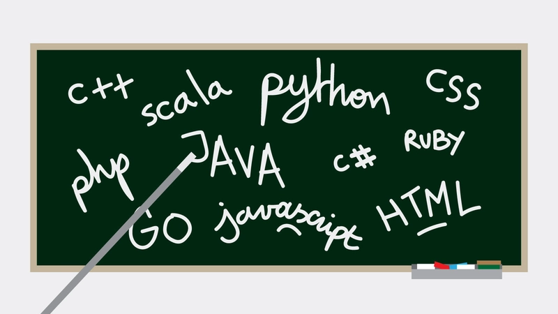 黑板上写着各种编程语言:C++、Scla、JavaScript、GO、PHP、Java、CSS、Ruby C#、HTML、Python