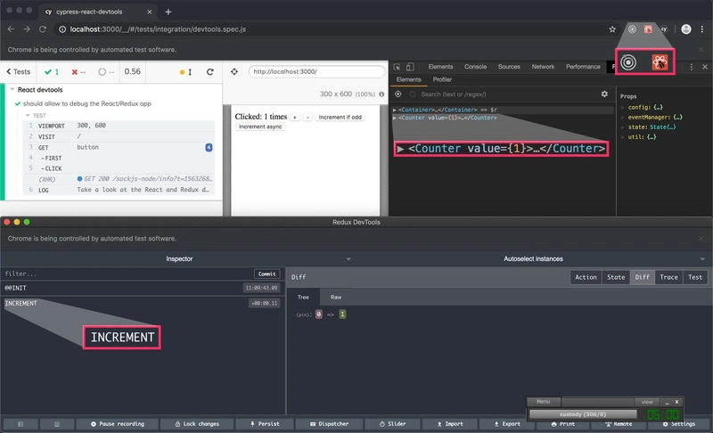 React 和 Redux DevTools 与 Cypress 的结合使用（来自 [cypress-react-devtools](https://github.com/NoriSte/cypress-react-devtools) repo）