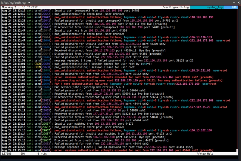 auth.log 上的 lnav（是的，ssh 位于该系统的端口 22 上。）