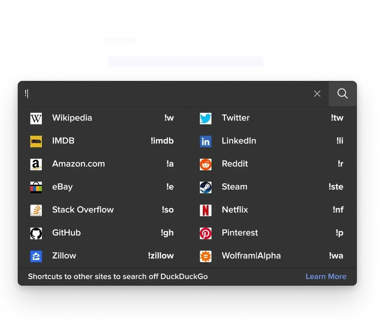 DuckDuckGo 上的 !bang 命令示例