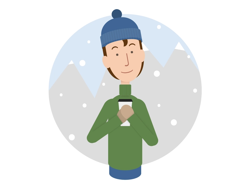 一幅卡通画,画中人身穿冬装,手拿咖啡纸杯。背景是白雪皑皑的冰山。