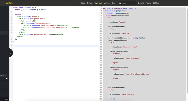 我们在 Babel 网站上对 JSX 代码和 React.createElement 代码进行了比较。