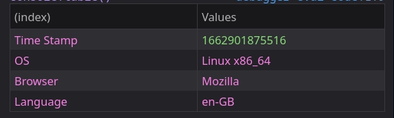 屏幕截图显示了 console.table 的示例输出