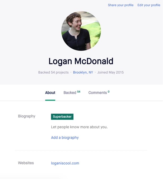 Kickstarter 个人资料页面示例