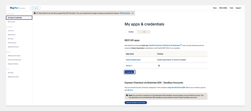 在 PayPal 开发者仪表板内创建 PayPal 应用