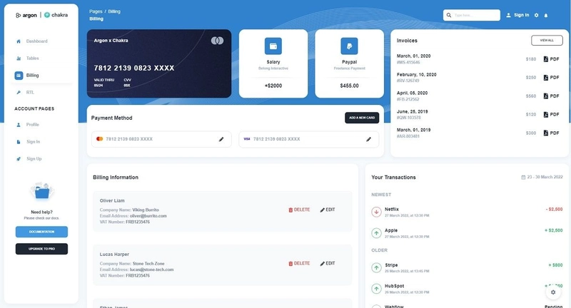 Argon Dashboard Chakra - 计费页面。