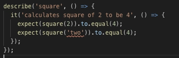 Microsoft Visual Studio Code 编辑器中 helpers.test.ts 源代码的屏幕截图，清楚地显示第 3 行的错误信号，其中使用字符串作为参数调用函数 square