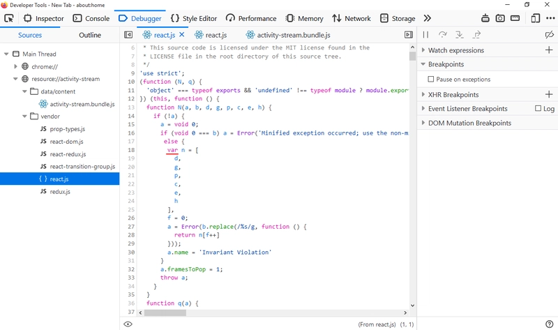 在 Firefox 71.0 开发者工具中可以看到 ReactJS 中使用的 var 关键字