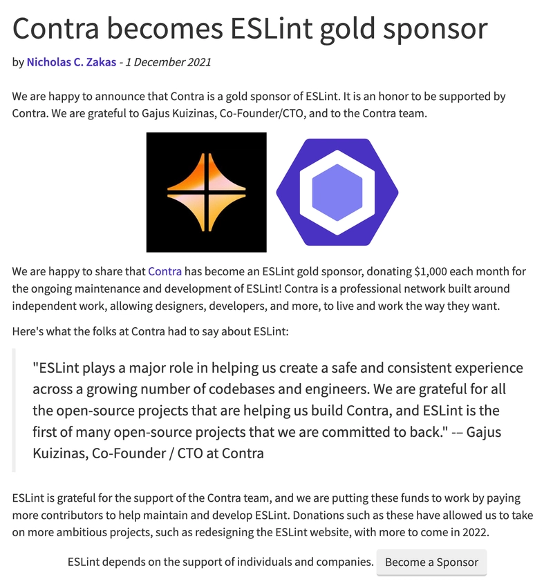 此图是 ESLint 博客文章的截图。文章标题为“Contra 成为 ESLint 金牌赞助商”。完整文章请访问 https://eslint.org/blog/2021/12/contra-gold-sponsor-eslint