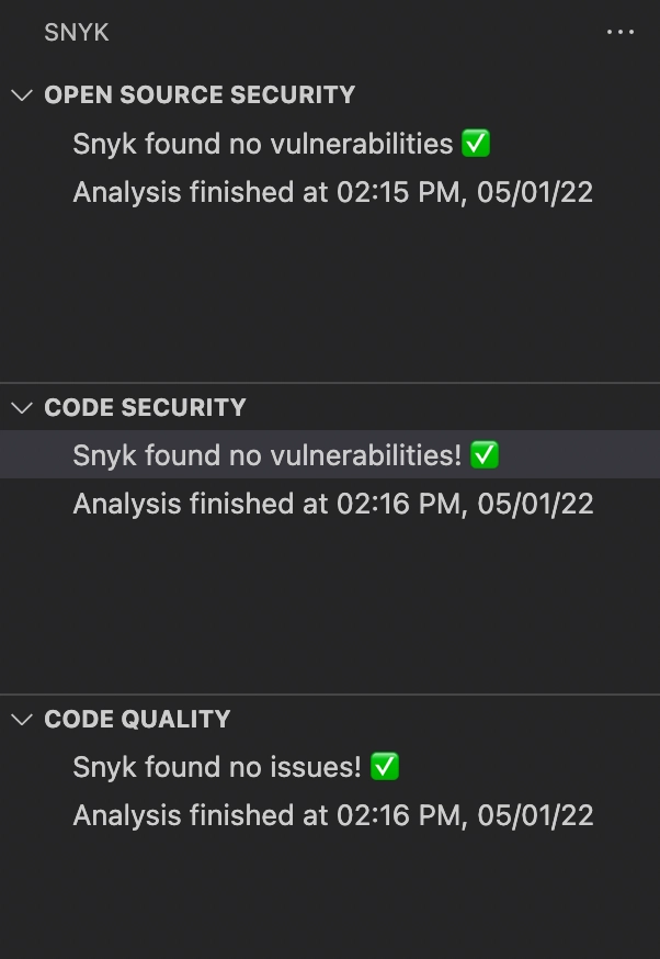 Snyk VSCode 报告截图，显示开源安全、代码安全和代码质量方面未发现任何漏洞