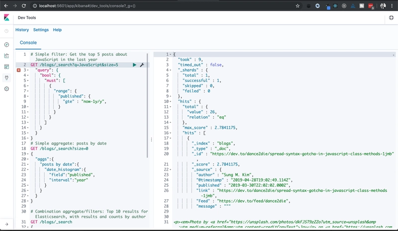 包含开发者博客数据的 Elastic Stack 屏幕截图