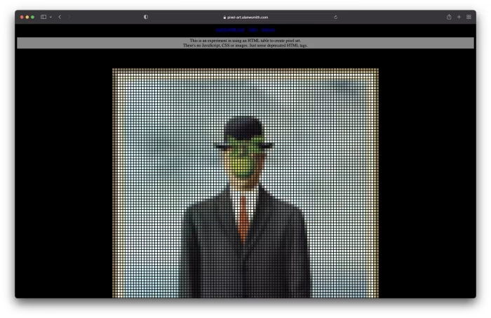 这是pixel-art.alanwsmith.com 的屏幕截图，显示了脸上带着苹果的男人的像素版本。