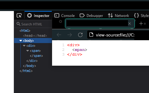 Firefox 检查器的屏幕截图，显示带有 span 的 DOM，该 span 具有结束 span 标签，但源代码没有该结束标签