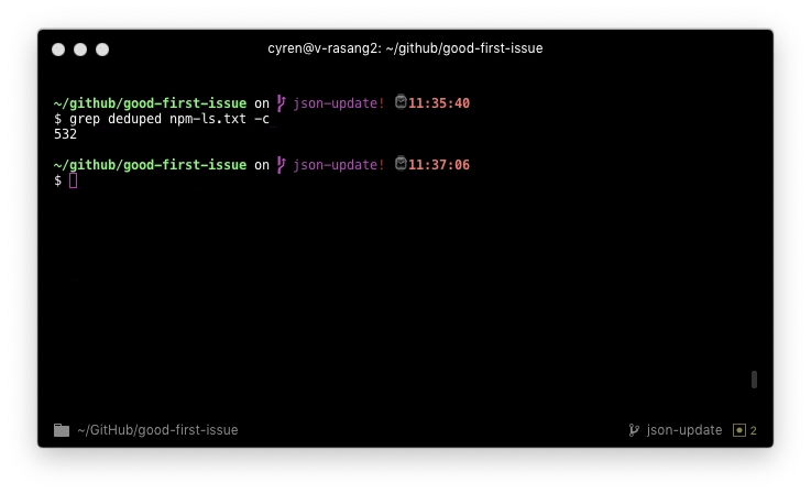 我的终端显示原始“grep deduped npm-ls.txt -c”的输出为 532，表示已成功删除 532 个模块