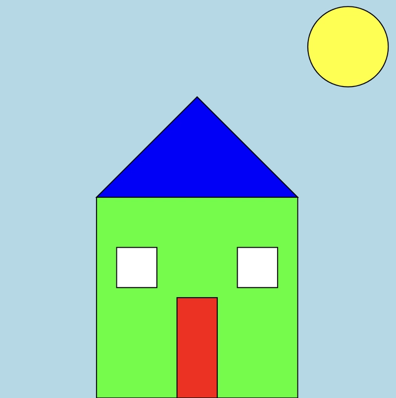 绿色房子,蓝色屋顶,红色大门,两扇窗户