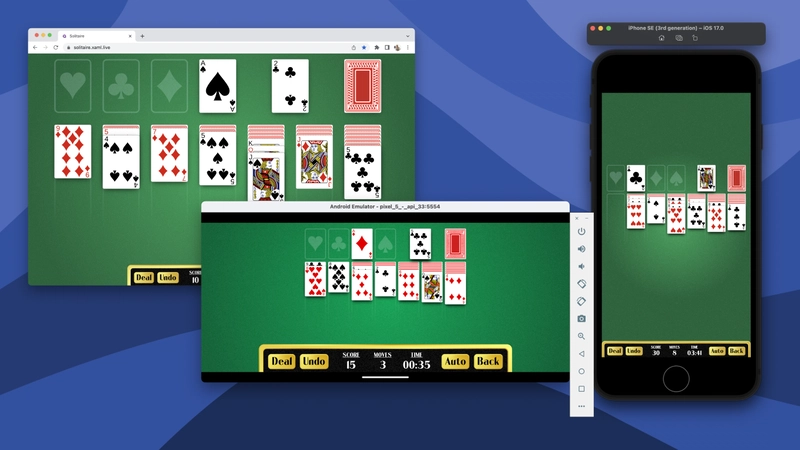 Avalonia Solitaire 示例可在 WebAssembly、iOS 和 Android 上运行