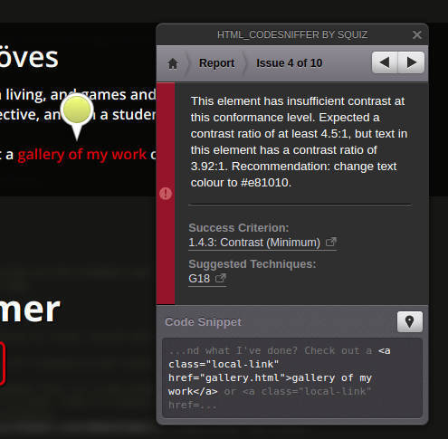 HTML_CodeSniffer 错误显示对比度失败，因为黑色背景上有红色文本
