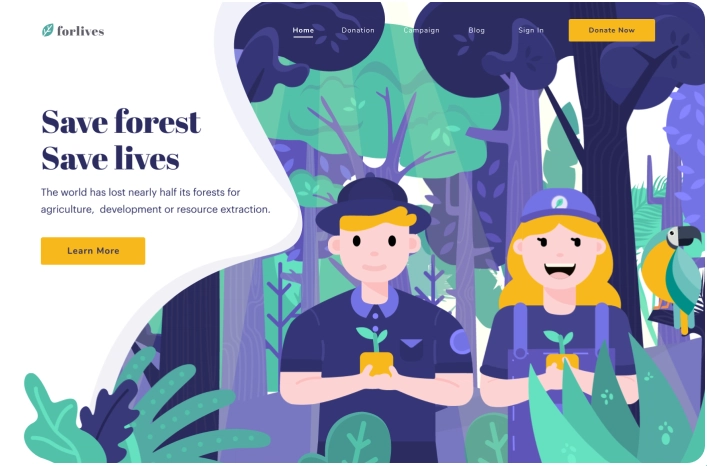 Forlives - 标题插图“拯救森林”网站，由 Sindy Lailasari 为 Noansa 在 Dribbble.png 上发布