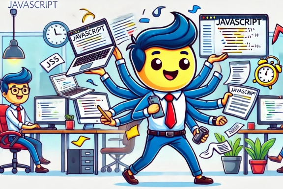 这幅图将 JavaScript 描绘成一位精力充沛的项目经理，在充满活力的办公环境中使用各种数字设备进行多任务处理。JavaScript 充满活力且富有创新精神，面带微笑地处理着各项任务，周围环绕着显示代码片段和数字工具的屏幕，体现了该语言的多功能性和适应性。