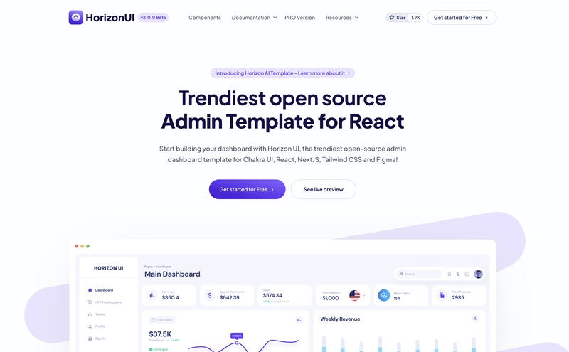 Horizo​​n UI Dashboard - 适用于 React、TailwindCSS、Chakra UI 和 NextJS 的开源管理仪表板模板