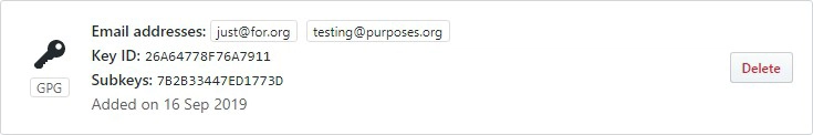 GitHub 上的新 GPG 密钥条目（示例）