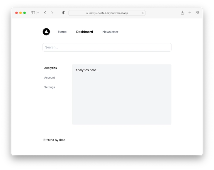 Next.js嵌套布局演示项目，展示了带有三个菜单导航项、一个搜索栏和各种页面元素的Vercel网页。