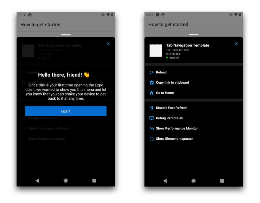 Android 上黑暗模式下新 Expo Client 开发菜单的屏幕截图。
