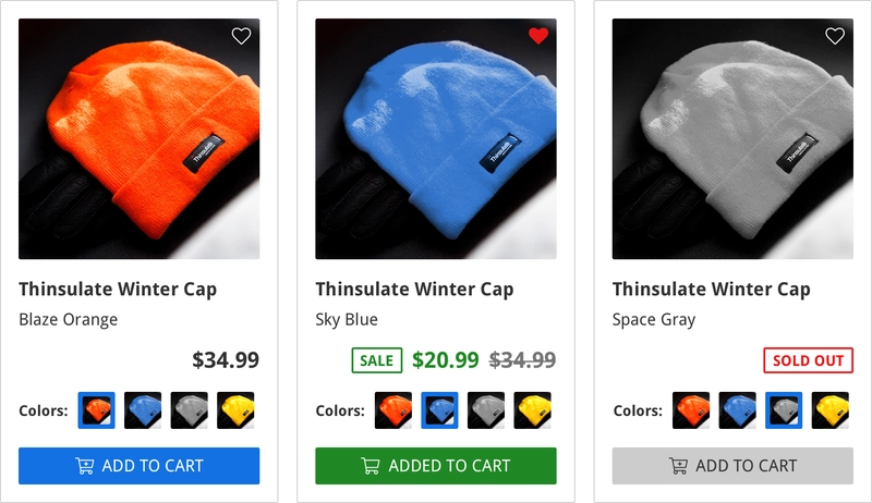 电子商务商品详情页面组件，包含不同的价格、库存和产品颜色状态。