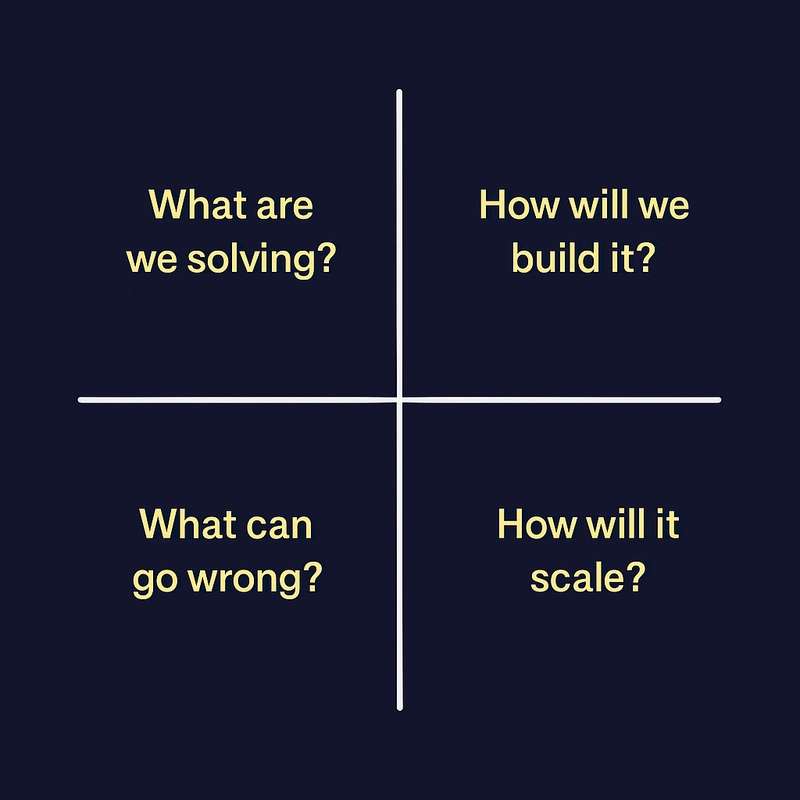 一个名为“权衡象限”的 2x2 象限图，包含四个标有标签的方框：“我们要解决什么问题？”、“我们将如何构建它？”、“可能会出现什么问题？”和“它将如何扩展？”。用于构建前端系统设计思维。