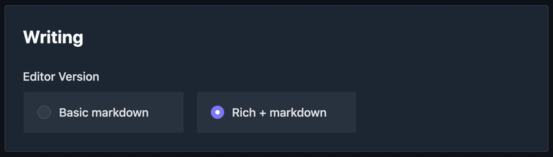 Dev.to 设置用于在可用编辑器之间进行选择:基本 Markdown 和 Rich+ Markdown。