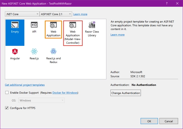 Visual Studio 中的 ASP.NET Core Razor 和 ASP.NET Core MVC 模板