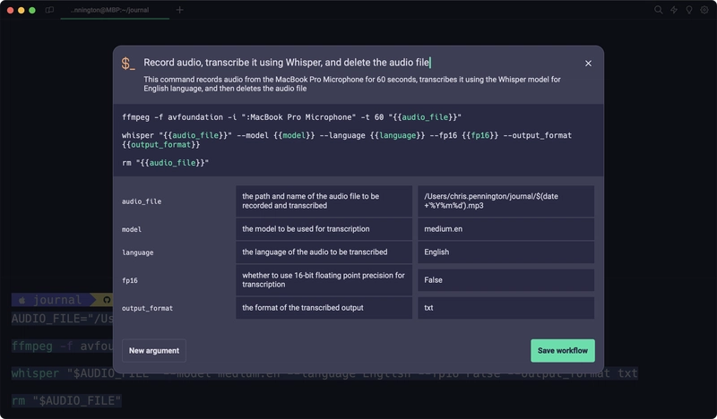 Warp 中的工作流程，标题、描述和参数已填写完毕