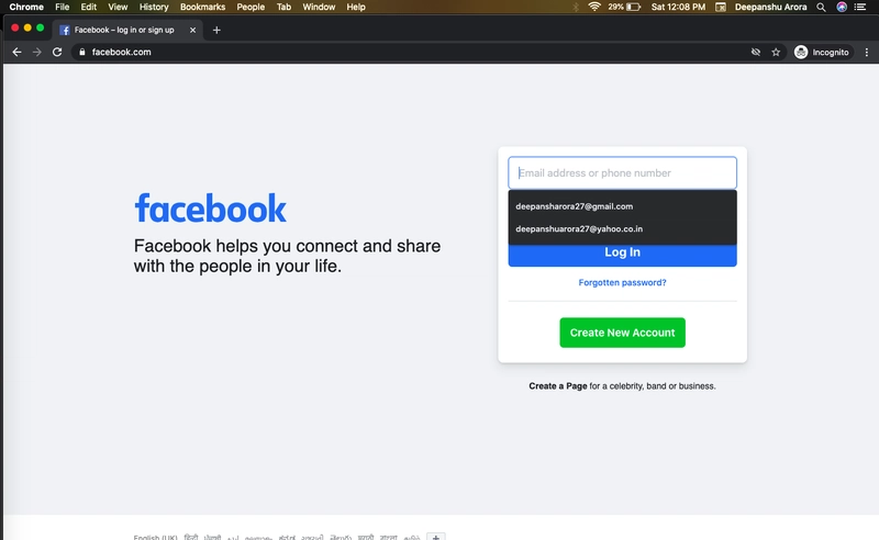 Facebook登录页面