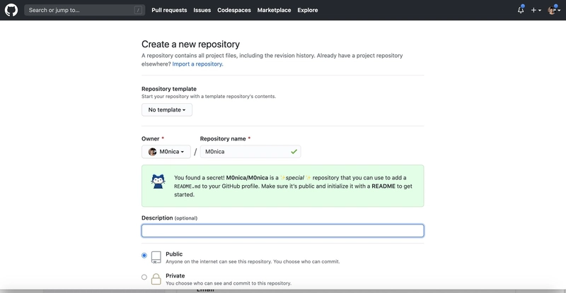 用于创建新存储库的 GitHub 页面的屏幕截图